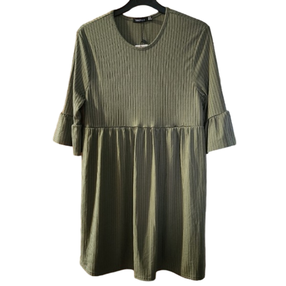 Boohoo NWT Women's Size 10 Olive‎ Green Ribbed Mini Smock  Dress
